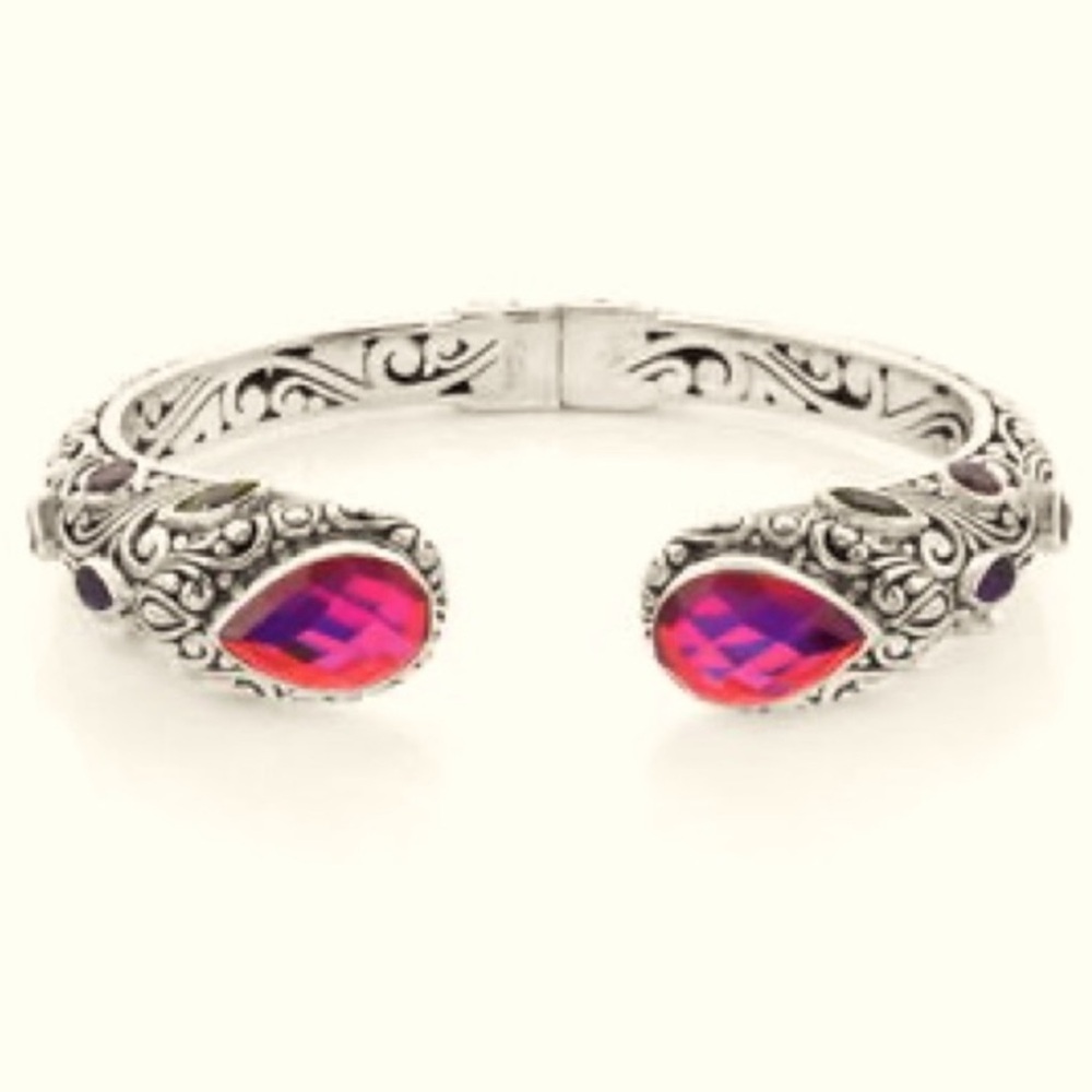 Bali Sterling Silver Volcanic Quartz Cuff Bracelet Amethyst, Garnet, Blue Topaz